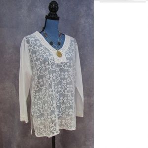 NWT S.R. Fashions White Crochet Lace Tunic Size L